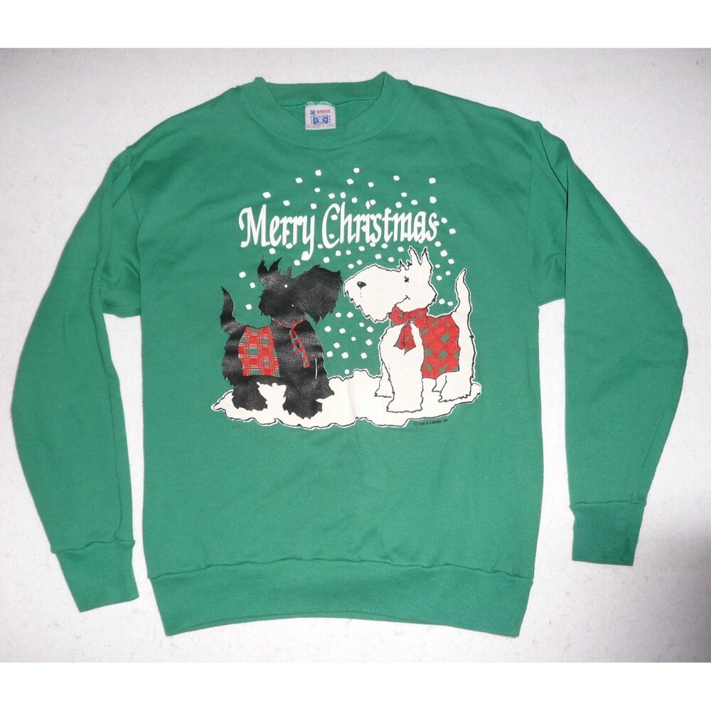 VTG Scottie West Highland Terrier Dog Sz L Sweatshirt Green Christmas USA Made